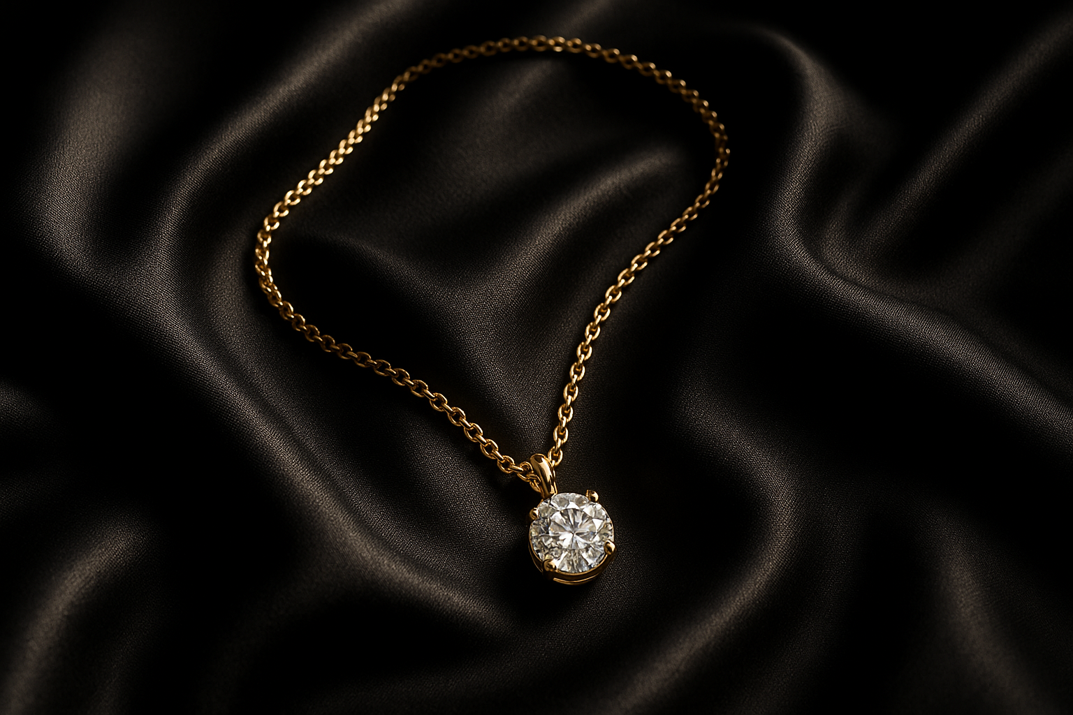Luxurious high-end jewellery showcase, featuring a radiant gold necklace with a sparkling diamond pendant on a black silk fabric background, cinematic lighting, extreme detail, ultra-realistic style, perfect for a jewellery store homepage hero banner —ar 16:9 —v 6 —q 2 —s 750