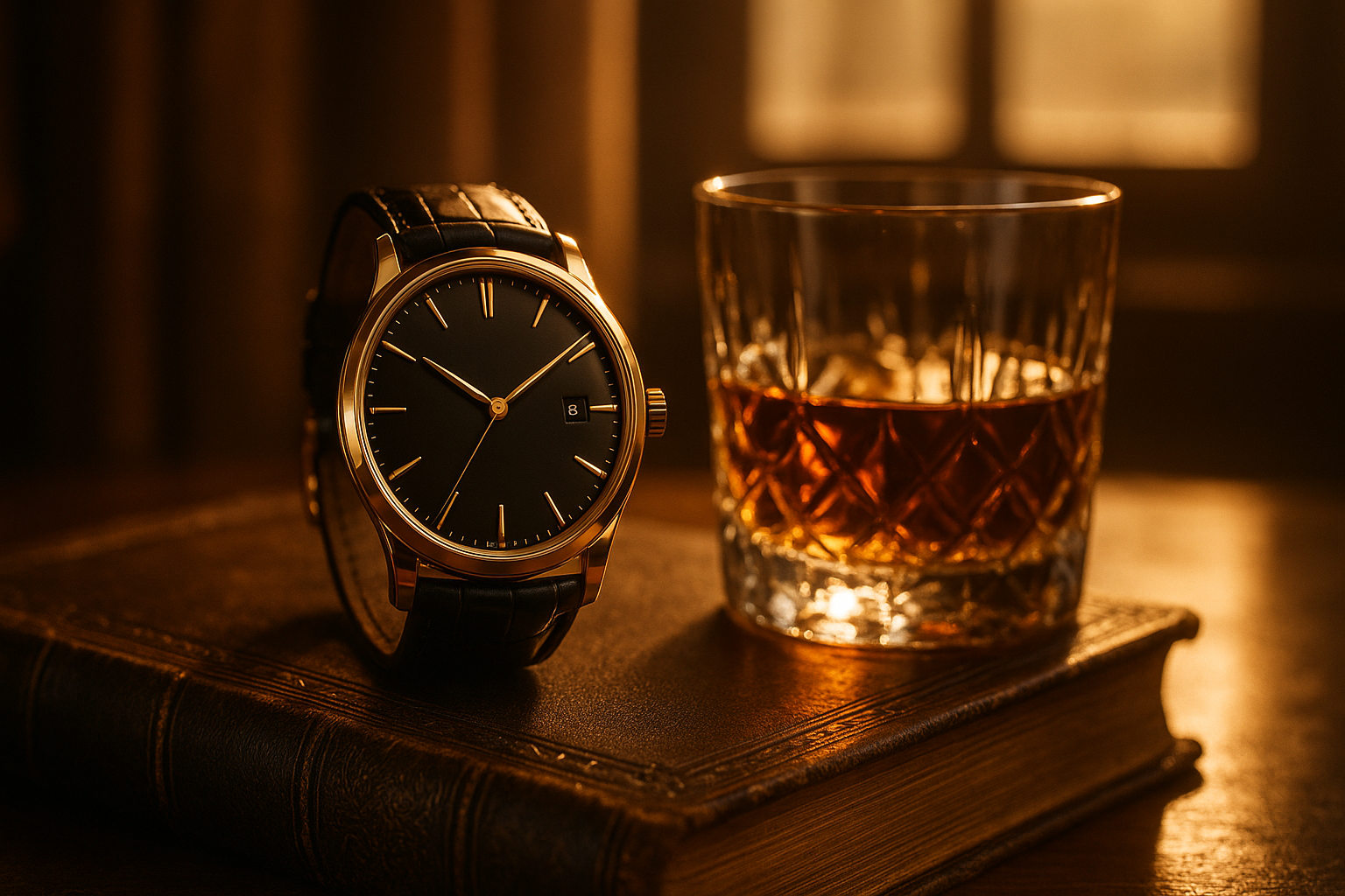 Ultra-realistic photograph of a premium luxury wristwatch with a gold and black dial, placed on a leather-bound book beside a glass of vintage whiskey, warm golden hour lighting, cinematic depth of field, 16:9 aspect ratio