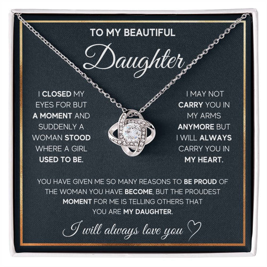 To My Daughter – I Will Always Carry You In My Heart – Beautiful Love Knot Necklace - Black