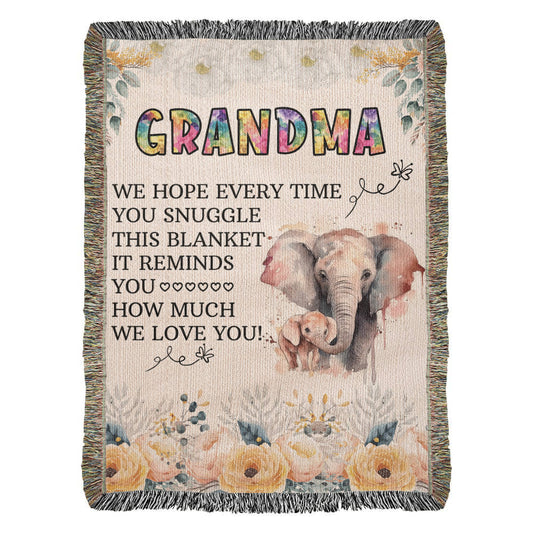 To My Grandma – Snuggle, Love – Elephant Woven Blanket - Heirloom Artwork Woven Blanket