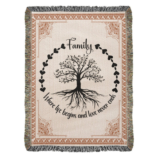 Family Roots Blanket – Life Begins Love Never Ends- Heirloom Artwork Woven Blanket